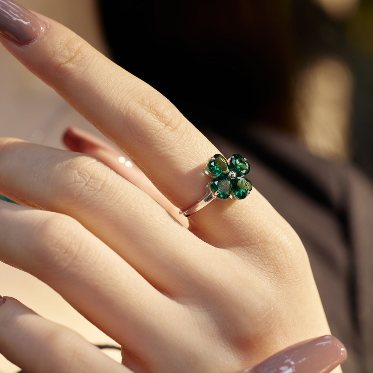 [Kismet Jewels ]Heart-shaped Four-Leaf Clover Ball Ring