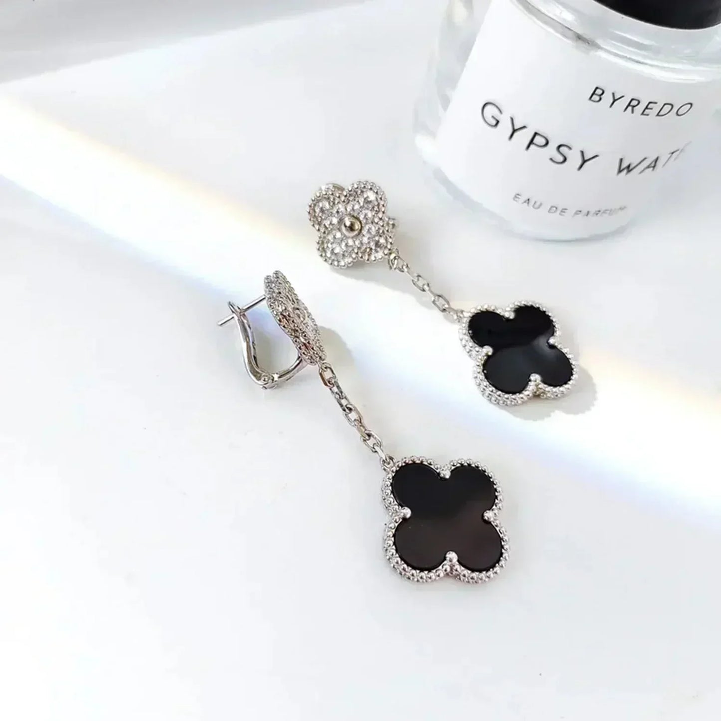 [Kismet Jewels ]CLOVER 2 MOTIFS  DIAMOND ONYX EARRINGS SILVER