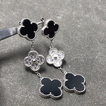 [Kismet Jewels ]CLOVER 3 MOTIF DIAMOND ONYX SILVER EARRINGS