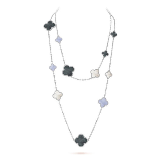 [Kismet Jewels ]CLOVER 16 MOTIF CHALCEDONY MOP SILVER NECKLACE