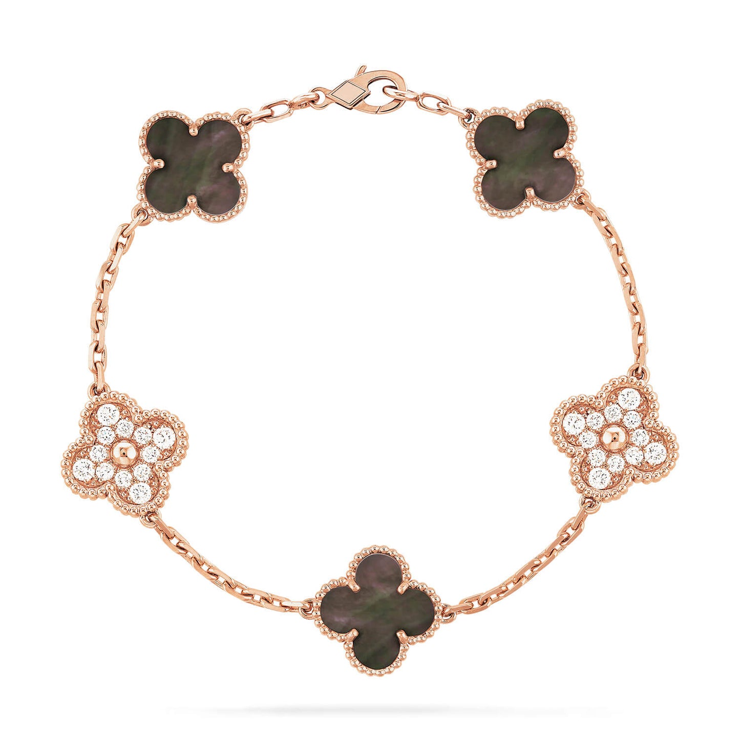 [Kismet Jewels ]CLOVER 5 MOTIFS DARK MOP AND DIAMONDS PINK GOLD BRACELET