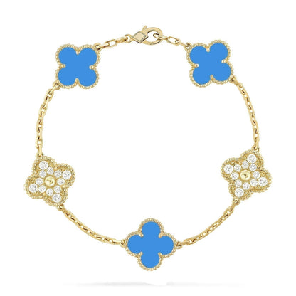 [Kismet Jewels ]CLOVER 5 MOTIF BLUE CHALCEDONY DIAMOND GOLD BRACELET