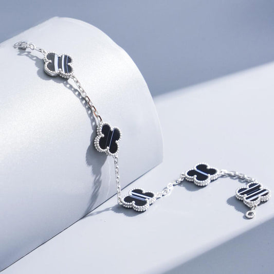 [Kismet Jewels ]CLOVER 5 MOTIF VEINED ONYX BRACELET SILVER