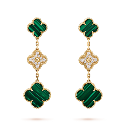[Kismet Jewels ]CLOVER EARRINGS GOLD MALACHITE DIAMOND 3 MOTIF