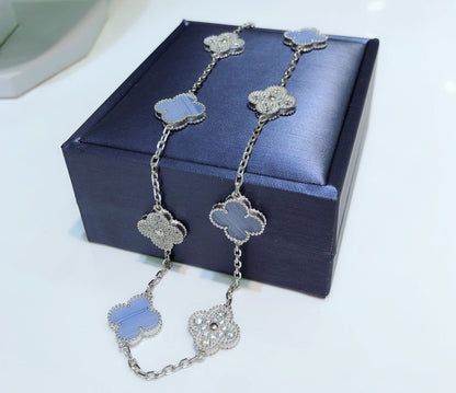 [Kismet Jewels ]CLOVER 10 MOTIFS CHALCEDONY DIAMONDS SILVER NECKLACE